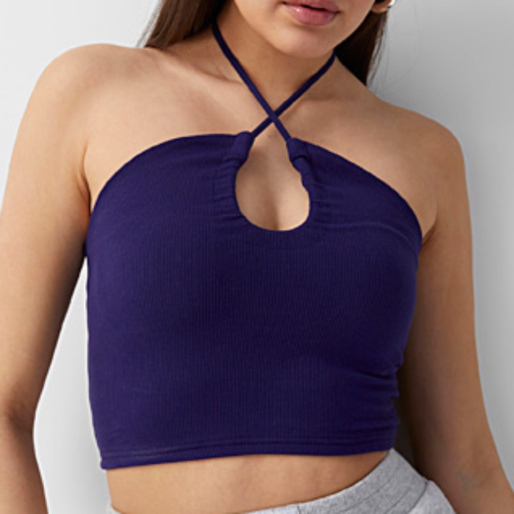 Eco-friendly purple ribbed stretchy criss-cross cropped halter camisole NWT